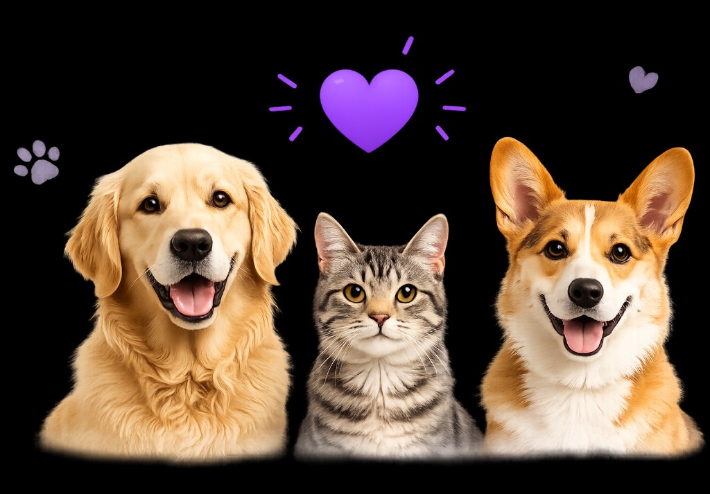 Happy dog, cat, and corgi representing multi-pet care in PawsyPetz