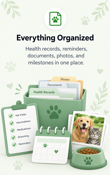 Everything Organized — health records, reminders, documents, photos, and milestones in one place.