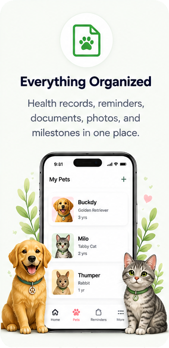 Everything Organized — health records, reminders, documents, photos, and milestones in one place.