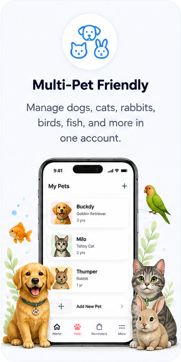Multi-Pet Friendly — manage dogs, cats, rabbits, birds, fish, and more in one account.