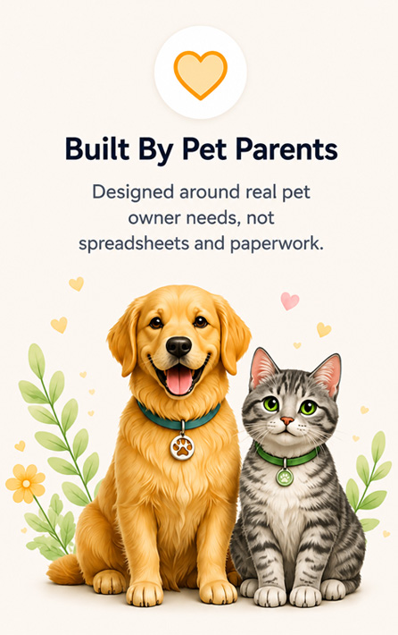 Built By Pet Parents — designed around real pet owner needs, not spreadsheets and paperwork.