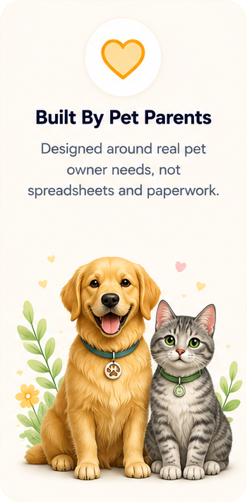 Built By Pet Parents — designed around real pet owner needs, not spreadsheets and paperwork.