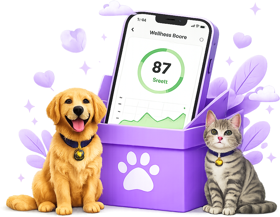 Golden retriever and tabby cat with PawsyPetz Premium on a phone