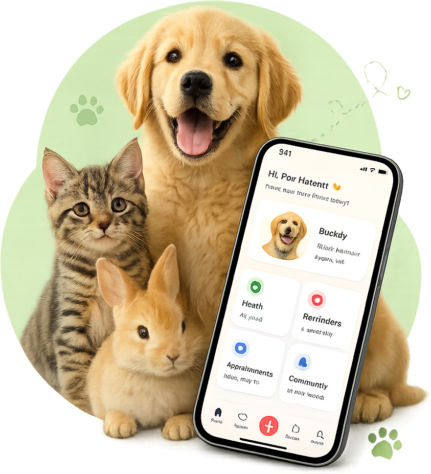 Golden retriever, kitten, and rabbit with the PawsyPetz app on a phone